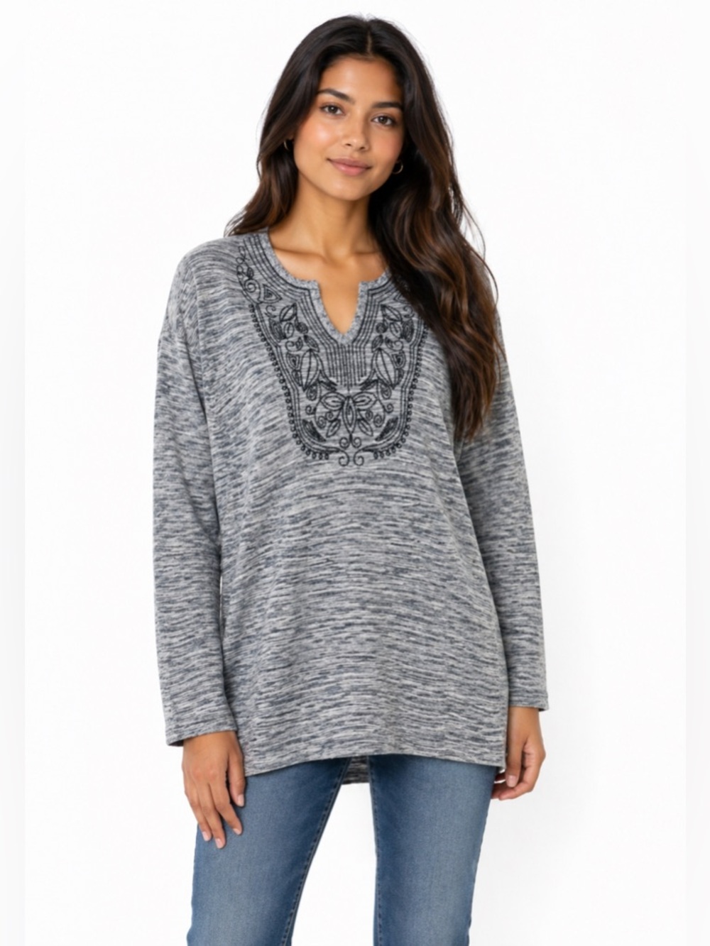 Vintage Y2K Express Gray Embroidered Tunic Sweater Boho Long Sleeve Top Large